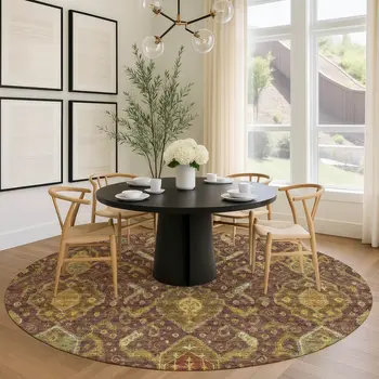8' Burgundy Gold And Copper Round Ikat Washable Indoor Outdoor Area Rug