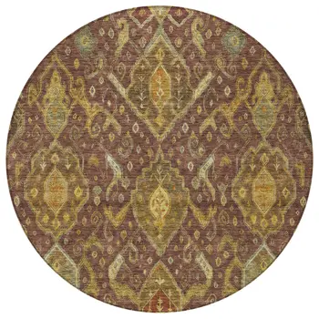 8' Burgundy Gold And Copper Round Ikat Washable Indoor Outdoor Area Rug
