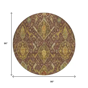 8' Burgundy Gold And Copper Round Ikat Washable Indoor Outdoor Area Rug