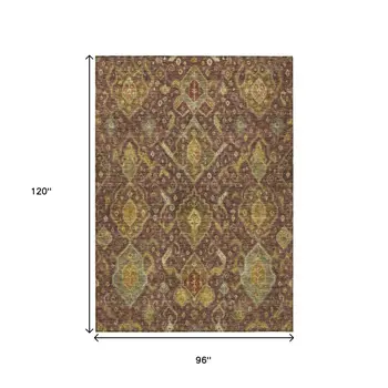 8' X 10' Burgundy Gold And Copper Ikat Washable Indoor Outdoor Area Rug