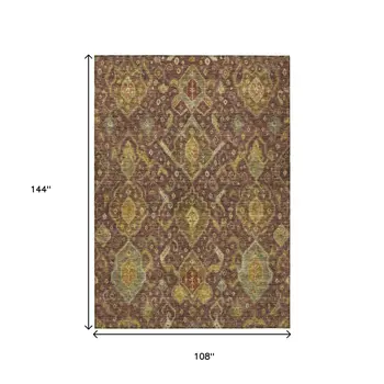 9' X 12' Burgundy Gold And Copper Ikat Washable Indoor Outdoor Area Rug