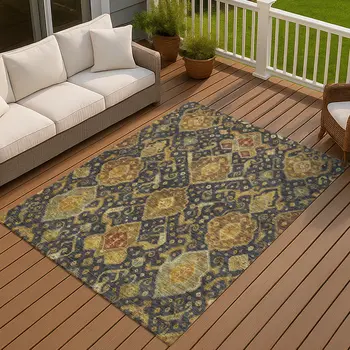 3' X 5' Charcoal Gold And Copper Ikat Washable Indoor Outdoor Area Rug