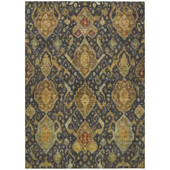 3' X 5' Charcoal Gold And Copper Ikat Washable Indoor Outdoor Area Rug