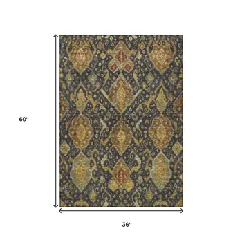 3' X 5' Charcoal Gold And Copper Ikat Washable Indoor Outdoor Area Rug