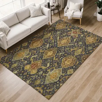 3' X 5' Charcoal Gold And Copper Ikat Washable Indoor Outdoor Area Rug