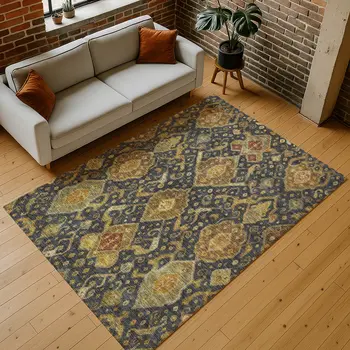 3' X 5' Charcoal Gold And Copper Ikat Washable Indoor Outdoor Area Rug