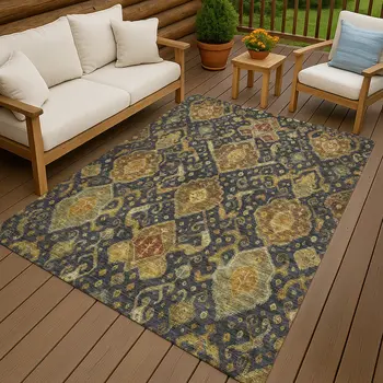 3' X 5' Charcoal Gold And Copper Ikat Washable Indoor Outdoor Area Rug