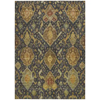 5' X 8' Charcoal Gold And Copper Ikat Washable Indoor Outdoor Area Rug