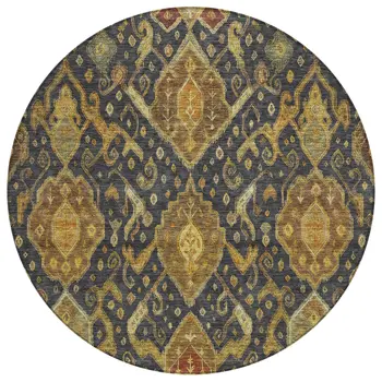 8' Charcoal Gold And Copper Round Ikat Washable Indoor Outdoor Area Rug