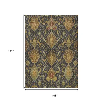 9' X 12' Charcoal Gold And Copper Ikat Washable Indoor Outdoor Area Rug