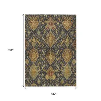10' X 14' Charcoal Gold And Copper Ikat Washable Indoor Outdoor Area Rug