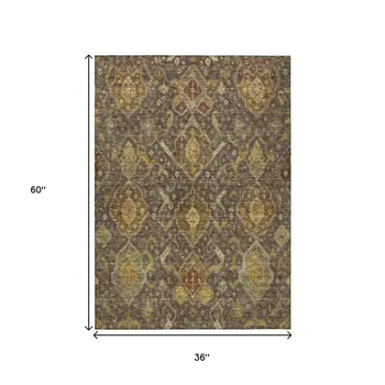 3' X 5' Chocolate Gold And Burgundy Ikat Washable Indoor Outdoor Area Rug
