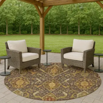 8' Chocolate Gold And Burgundy Round Ikat Washable Indoor Outdoor Area Rug