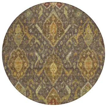 8' Chocolate Gold And Burgundy Round Ikat Washable Indoor Outdoor Area Rug