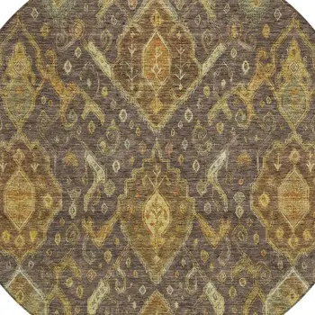8' Chocolate Gold And Burgundy Round Ikat Washable Indoor Outdoor Area Rug