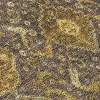 8' Chocolate Gold And Burgundy Round Ikat Washable Indoor Outdoor Area Rug