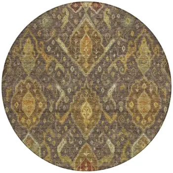 8' Chocolate Gold And Burgundy Round Ikat Washable Indoor Outdoor Area Rug