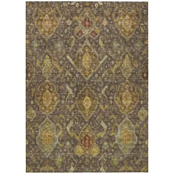 8' X 10' Chocolate Gold And Burgundy Ikat Washable Indoor Outdoor Area Rug