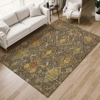 8' X 10' Chocolate Gold And Burgundy Ikat Washable Indoor Outdoor Area Rug