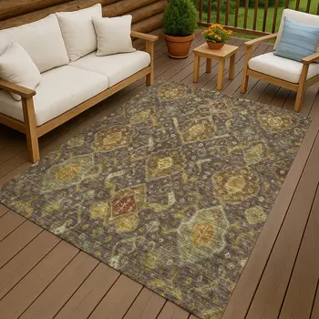 8' X 10' Chocolate Gold And Burgundy Ikat Washable Indoor Outdoor Area Rug