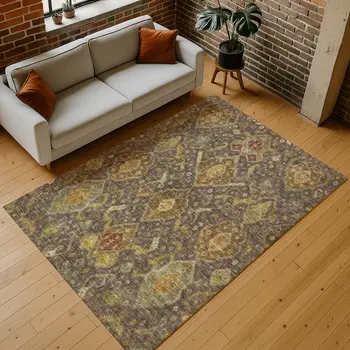 9' X 12' Chocolate Gold And Burgundy Ikat Washable Indoor Outdoor Area Rug