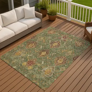 3' X 5' Fern Green Brown And Gold Ikat Washable Indoor Outdoor Area Rug