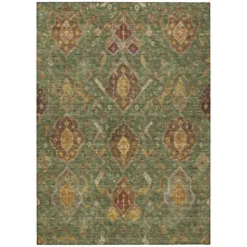 3' X 5' Fern Green Brown And Gold Ikat Washable Indoor Outdoor Area Rug