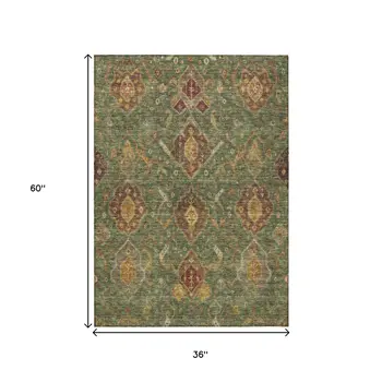 3' X 5' Fern Green Brown And Gold Ikat Washable Indoor Outdoor Area Rug