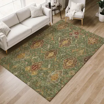 3' X 5' Fern Green Brown And Gold Ikat Washable Indoor Outdoor Area Rug