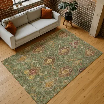 3' X 5' Fern Green Brown And Gold Ikat Washable Indoor Outdoor Area Rug