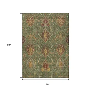 5' X 8' Fern Green Brown And Gold Ikat Washable Indoor Outdoor Area Rug