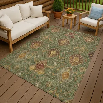5' X 8' Fern Green Brown And Gold Ikat Washable Indoor Outdoor Area Rug