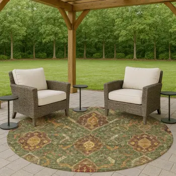 8' Fern Green Brown And Gold Round Ikat Washable Indoor Outdoor Area Rug