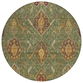 8' Fern Green Brown And Gold Round Ikat Washable Indoor Outdoor Area Rug