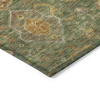 8' Fern Green Brown And Gold Round Ikat Washable Indoor Outdoor Area Rug