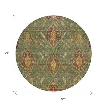8' Fern Green Brown And Gold Round Ikat Washable Indoor Outdoor Area Rug
