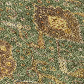 8' Fern Green Brown And Gold Round Ikat Washable Indoor Outdoor Area Rug