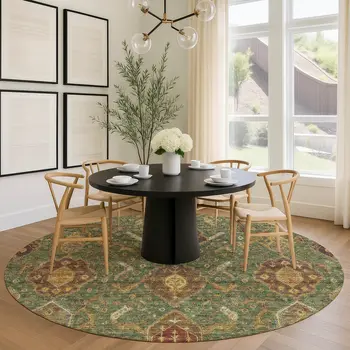 8' Fern Green Brown And Gold Round Ikat Washable Indoor Outdoor Area Rug