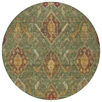 8' Fern Green Brown And Gold Round Ikat Washable Indoor Outdoor Area Rug