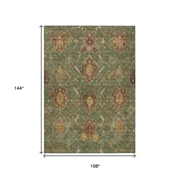 9' X 12' Fern Green Brown And Gold Ikat Washable Indoor Outdoor Area Rug