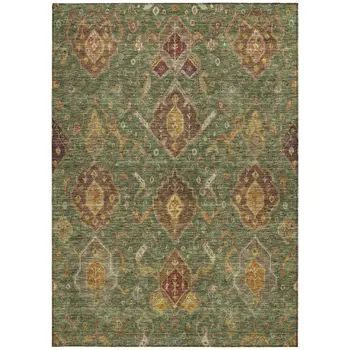 10' X 14' Fern Green Brown And Gold Ikat Washable Indoor Outdoor Area Rug