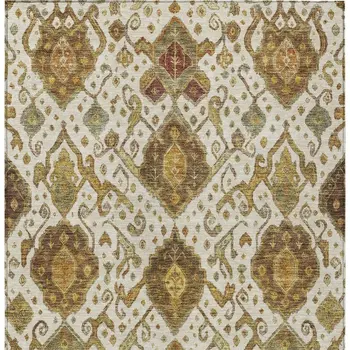 3' X 5' Ivory Brown And Gold Ikat Washable Indoor Outdoor Area Rug