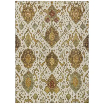 5' X 8' Ivory Brown And Gold Ikat Washable Indoor Outdoor Area Rug