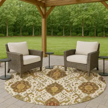 8' Ivory Brown And Gold Round Ikat Washable Indoor Outdoor Area Rug