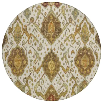 8' Ivory Brown And Gold Round Ikat Washable Indoor Outdoor Area Rug