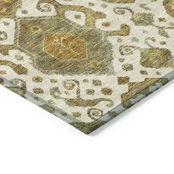8' Ivory Brown And Gold Round Ikat Washable Indoor Outdoor Area Rug