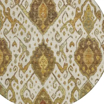 8' Ivory Brown And Gold Round Ikat Washable Indoor Outdoor Area Rug