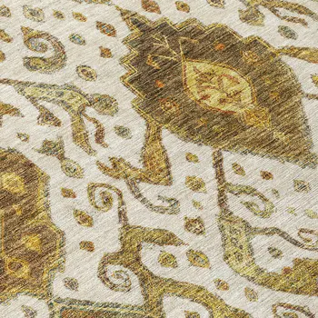 8' Ivory Brown And Gold Round Ikat Washable Indoor Outdoor Area Rug