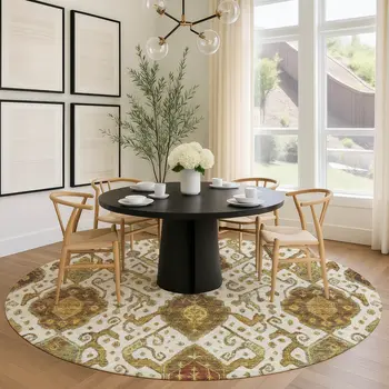 8' Ivory Brown And Gold Round Ikat Washable Indoor Outdoor Area Rug