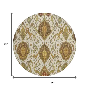 8' Ivory Brown And Gold Round Ikat Washable Indoor Outdoor Area Rug